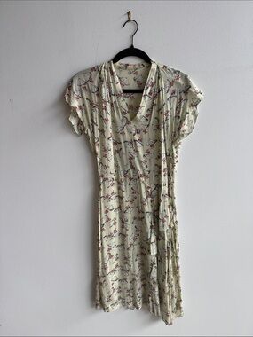 Cream Floral V-Neck Wrap Dress with Red & Green Print